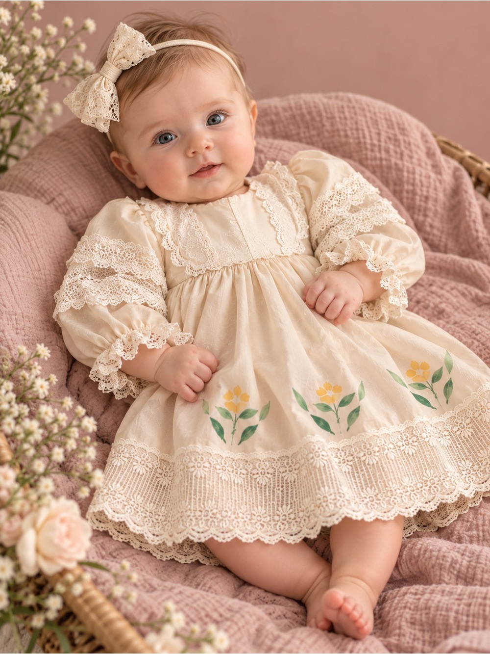 Vintage Cream Baby Dress with Yellow Floral Details